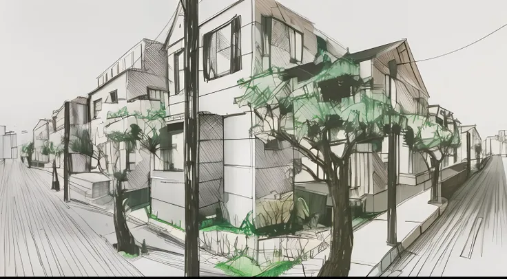 sketches of a street with a building and trees on the side, sketchy, 2 point perspective, sketch illustration, two point perspective, detailed but rough, two-point perspective, 2 - point perspective, extreme three point perspective, architectural concept, ...