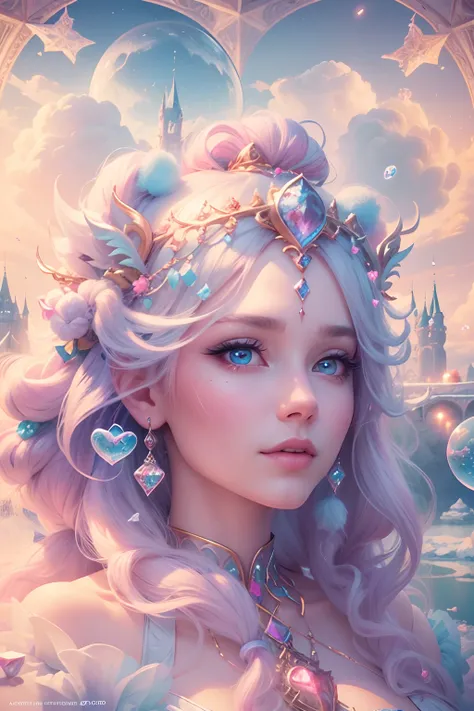 Cotton Candy Queen Women Goddess 8k Resolution Rendered Hyper Realistic Intricate Detail lives in an frosty heart shaped ice bubble, a fanciful place filled with castles, cotton candy, swans lakes and fluffy clouds, An intricate visual representation of co...