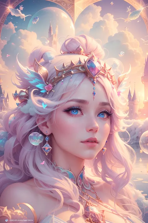 Cotton Candy Queen Women Goddess 8k Resolution Rendered Hyper Realistic Intricate Detail lives in an frosty heart shaped ice bubble, a fanciful place filled with castles, cotton candy, swans lakes and fluffy clouds, An intricate visual representation of co...