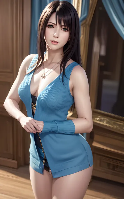 rinoa, blue duster, blue wristbands, holding necklace, portrait body, unparalleled masterpiece, ultra realistic 8k CG, perfect artwork, clean, beautiful face, pure face, pale skin, intricate detail, prestige, gorgeous, luxury, fancy ballroom,koyuki, vest,