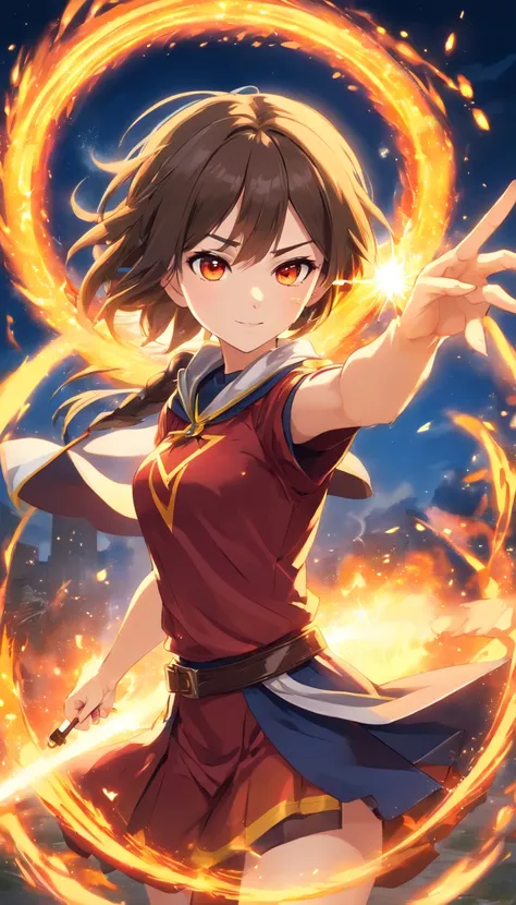 1girl in,Solo,(Megumin), Konosuba,14 years old,Angle from below,Amber Hair, Long sideburns, Red Eyes, Red Shirt, Long sleeve, Witch Hat, black capelet, Fingerless gloves,flat chest,grin,doyagao,Have a long magic wand, casting spell,Stretch out her right ha...