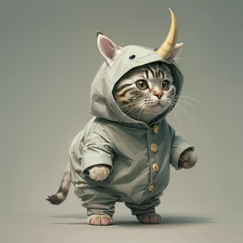 Cute cat, standing, cute, wearing a rhinoceros costume, from side,