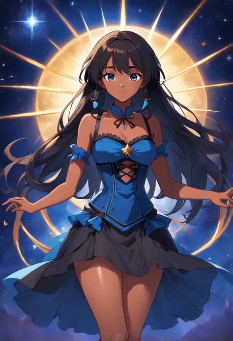 celestial star girl, (Caramel Brown skin Black girl moor, long black hair::8 ), blue eyes, dark blue dress with corset, Full slim Body, colors bright, risa loca, malvada, Hair::-10