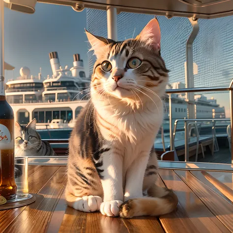 A round-eyed cat, On the deck of the cruise ship, Beer next to it, the sunset.