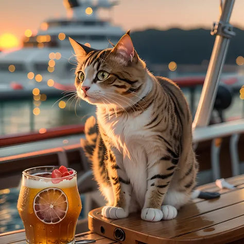 A round-eyed cat, On the deck of the cruise ship, Beer next to it, the sunset.