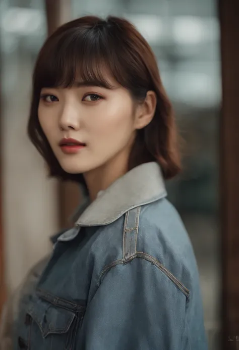 Close-up of a woman with a denim jacket shirt and short hair, with short hair, with short hair with bangs, korean symmetrical face, short brown hair with bangs, sonyoonjoo, beautiful south korean woman, neat hair with bangs, Korean Girl, Izzy-silver(Izzy-s...