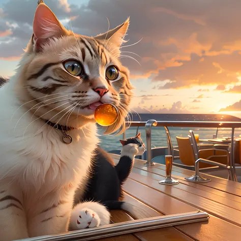 A round-eyed cat, On the deck of the cruise ship, Beer next to it, the sunset.