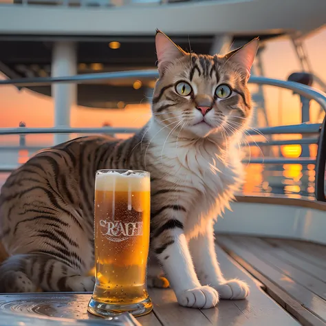 A round-eyed cat, On the deck of the cruise ship, Beer next to it, the sunset.