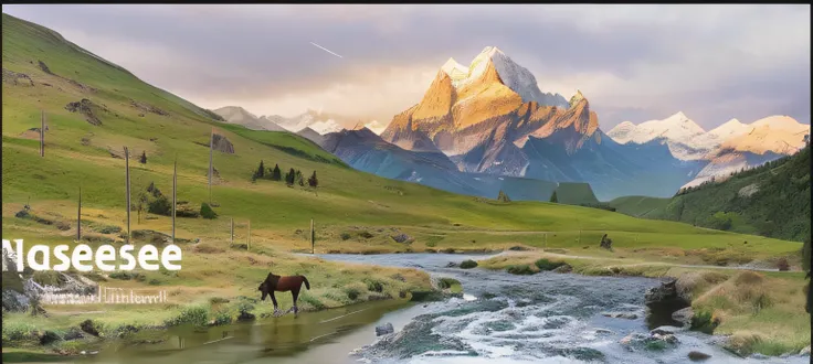 There was a horse standing on the meadow by the stream,In the distance, there is a horse valley，herds of horses, Ultra HD 4K pixels，Majestic matte painting, flat matte painting, matte painting scenery, Mountain, Illustration matte painting, optimistic matt...