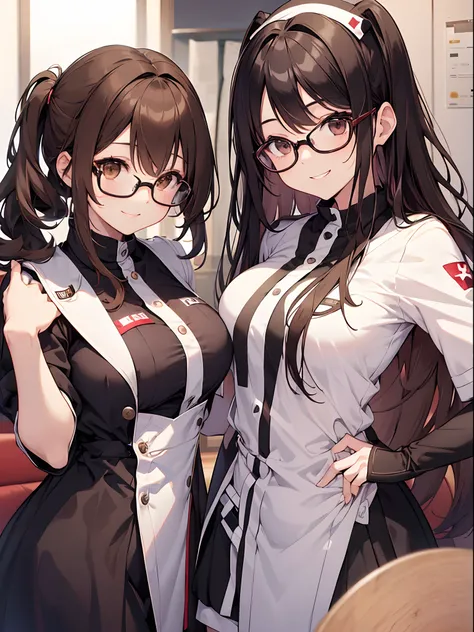 1人の女性、brown haired(Curta)、Brown eyes、Black-rimmed glasses、Best Quality、ultra-detailliert、8K resolution、Raw photo、masutepiece、seductive boobs、gorgeous faces、Perfect body、a smile、nurses outfit