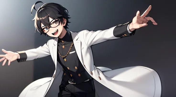 ((masterpiece, best quality)), (1boy), (solo), (male focus), (ahoge, black hair, short hair), (3D cinema glasses)) black eyes, slight smile, open mouth, ((white coat), (buttoned coat), (button opening)), ((black pants), (long pants)), standing, two arms, w...