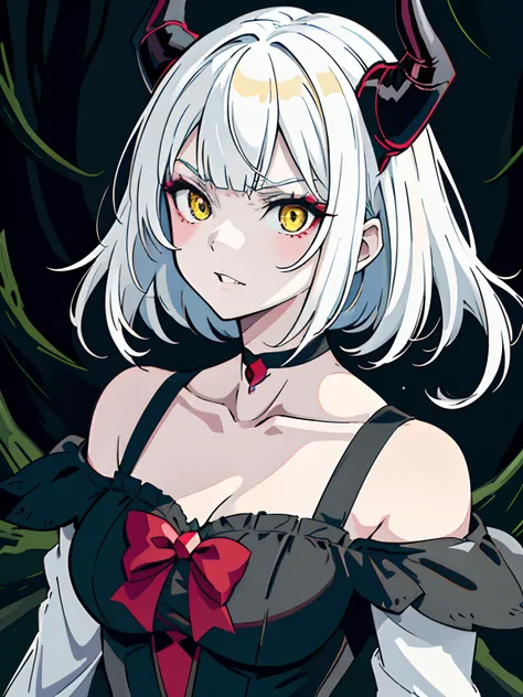 ((masterpiece, best quality)), (1girl, anime girl in the dark forest),(mature, devil horn), (solo), (female focus), (white hair, straight bangs), yellow eyes, (black dress, vampire)), angry face, yandere, evil, exposed shoulder, open shoulder, collarbone, ...