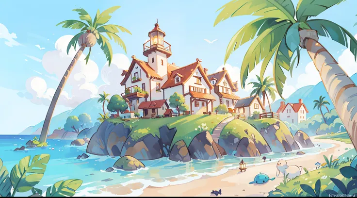 ((picture book illustration)), ocean fantasy, watercolor illustration, whimsical, warm colors, village, palm trees, houses, huge lighthouse, ((masterpiece)), highly detailed environment