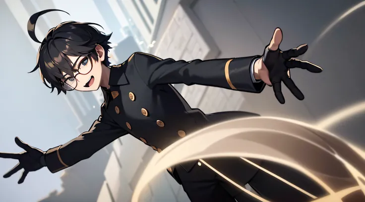 ((masterpiece, best quality)), (1boy), (solo), (male focus), (ahoge, black hair, short hair), (3D cinema glasses)) black eyes, slight smile, open mouth, ((white coat), (buttoned coat), (button opening)), ((black pants), (long pants)), standing, two arms, w...