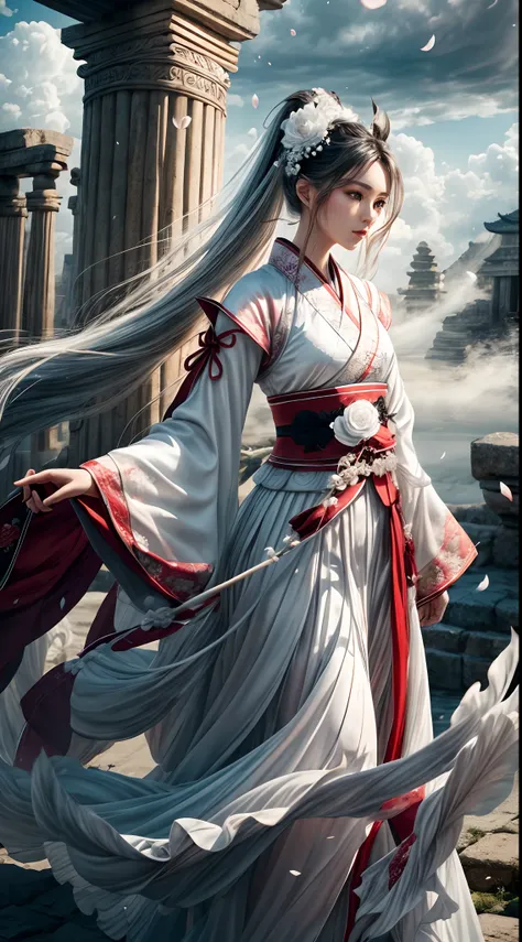 (Best quality,4K,A high resolution,Masterpiece:1.2),Ultra-detailed,Realistic, Black and white Hanfu,Black embroidery, Flowing white ponytail, Long flowing hair, White mask, The mask flutters in the wind, Fringed Hair Ornament, Peony flower, Ancient style, ...