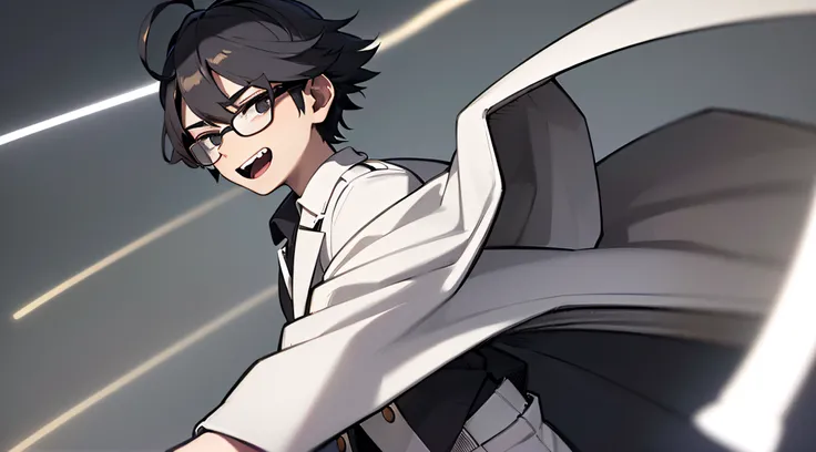 ((masterpiece, best quality)), (1boy), (solo), (male focus), (ahoge, black hair, short hair), (3D cinema glasses)) black eyes, slight smile, open mouth, ((white coat), (buttoned coat), (button opening)), ((black pants), (long pants)), standing, two arms, w...