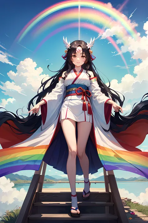 reddish、de cor laranja、yellow、verdant、green grass、blue、A rainbow consisting of seven purple colors、The rainbow is the bridge between heaven and earth, Amaterasu stepped on a rainbow when descending from heaven, Amaterasu、Wearing a white kimono、Draw the fig...