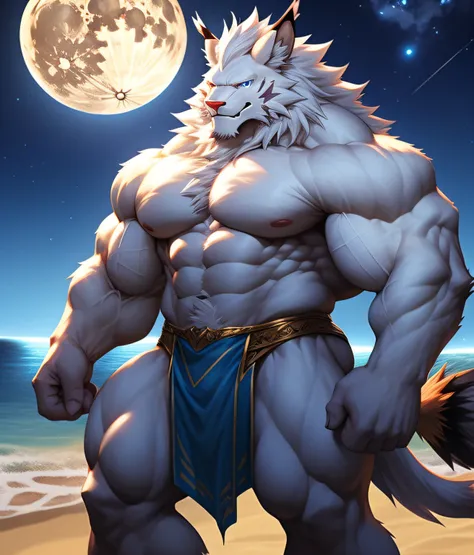 PRO competitive bodybuilder, nj5furry, ( albino, Leomon, massive, huge, muscular), albino Leomon, ((extremely realistic shadows, masterpiece, extremely detailed, photorealistic)), kemono, looking at the viewer, ((FRONT)), silver mane, Leomon albino, ((deta...