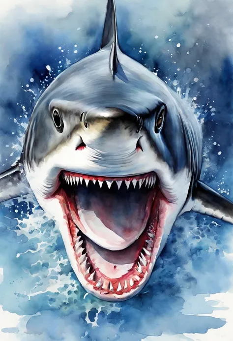 Shark with open mouth，Sharp teeth，Jump out of the water，Splash，Positive perspective，Visual impact