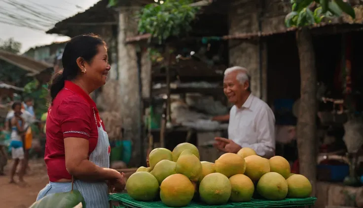 [Wide shot] The next morning, as the sun rises, cousin excitedly insists that I accompany her to buy pomelos. Uncle joins in, jokingly saying, “She’s never seen a pomelo before, and it’s been forty years for me. We both have a serious case of ‘pomelo fever...