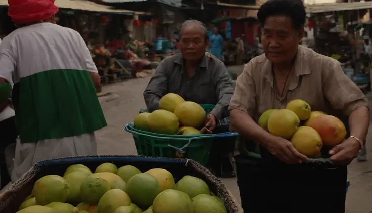 [Wide shot] The next morning, as the sun rises, cousin excitedly insists that I accompany her to buy pomelos. Uncle joins in, jokingly saying, “She’s never seen a pomelo before, and it’s been forty years for me. We both have a serious case of ‘pomelo fever...