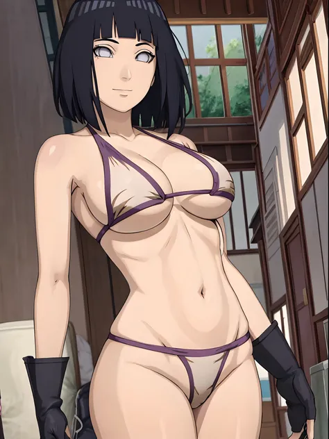 (4k, no angle view, portrait, best quality, cowboy shot), (ultra detailed body, curvy), ((solo, 1 girl)), anime style, hires, ((white background)), (hinata(boruto), (female wrestler), (slender body, broad shoulders), (mature woman, milf), (tigress, micro b...