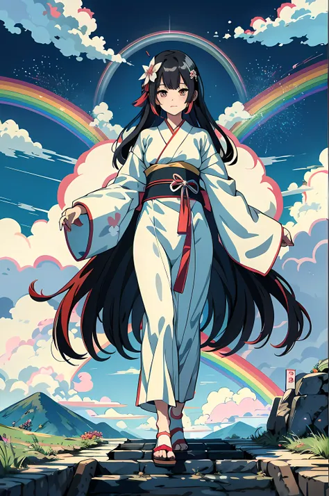 anime girl in white kimono walking on a stone walkway, official art, official anime artwork, wearing rainbow kimono, mitsumayo, official artwork, mamoru hosoda, by Jin Homura, anime poster, anime wallaper, anime style 4 k, anime goddess, colorful anime mov...