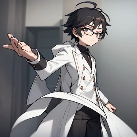 ((masterpiece, best quality)), (1boy), (solo), (male focus), (ahoge, black hair, short hair), (3D cinema glasses)) black eyes, closed mouth, ((white coat), (buttoned coat), (button opening)), ((black pants), (long pants)), standing, thoughtful, white backg...