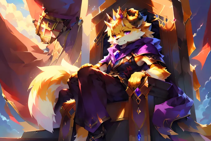 (((a goldfox))), (cocky), ((( (parfect anatomy)))), (( sitting on a throne)), , ((horn, crown, royal, throne)), black fluffy twin tail, fluffy mane, purple eyes, yellow body, cloud（独奏), purple cape, fantasy clothing, vest, detailed face