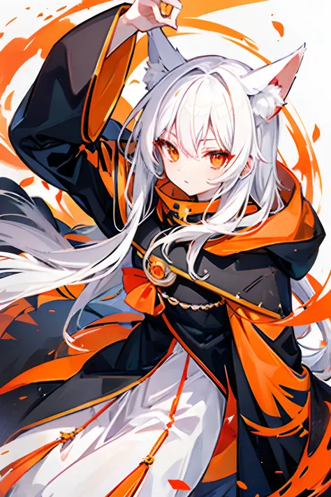 white  hair、Orange Eyes、Hood from the top of the foxs ears、ember