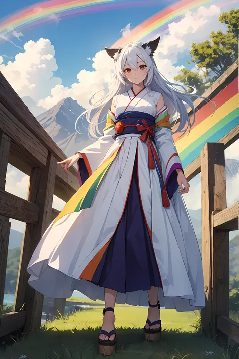 reddish、de cor laranja、yellow、verdant、green grass、blue、A rainbow consisting of seven purple colors、The rainbow is the bridge between heaven and earth, Amaterasu stepped on a rainbow when descending from heaven, Amaterasu、Wearing a white kimono、Draw the fig...