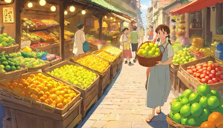 [Montage of shots] The market is filled with baskets of luscious, yellow pomelos lining the streets. Vendors enthusiastically advertise their produce, calling out, “Sweet pomelos for sale!” and “Try before you buy – if it’s not sweet, it’s free!”