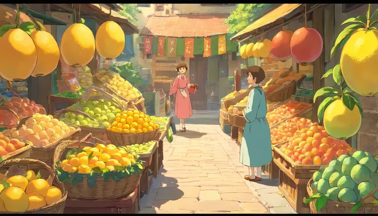 [Montage of shots] The market is filled with baskets of luscious, yellow pomelos lining the streets. Vendors enthusiastically advertise their produce, calling out, “Sweet pomelos for sale!” and “Try before you buy – if it’s not sweet, it’s free!”