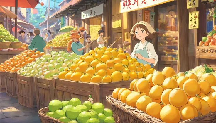 [Montage of shots] The market is filled with baskets of luscious, yellow pomelos lining the streets. Vendors enthusiastically advertise their produce, calling out, “Sweet pomelos for sale!” and “Try before you buy – if it’s not sweet, it’s free!”