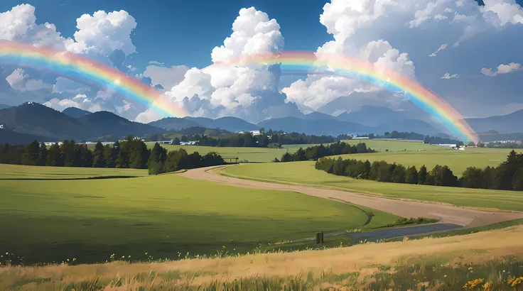 European steppe、Mountains in the distance、Grassland hills overlooking the Alps、A hill with a big rainbow、rainbows、Meadow hill after rain、blue-sky、​​clouds、Double Caught Rainbow、Pasture、