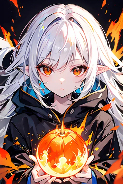 white  hair、Orange Eyes、Hood from the top of the foxs ears、ember