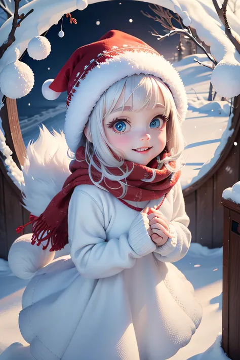 Winter is full of floating snow., Pixar style, super cute little white rabbit, Fluffy, snow-white, shimmering, bright big eyes, furry tail;, Wear a red sweater., Wear a red hat., Smiles, intricate, mythology, Incredibly high detail, Pixar style, bubble, br...