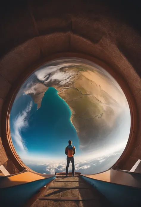 young aspiring human on top of the highest tower in the world looking over to earth globe highly detailed high quality ,colourful