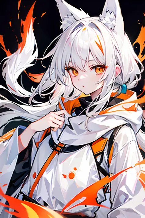 white  hair、Orange Eyes、Fox ear hood、ember