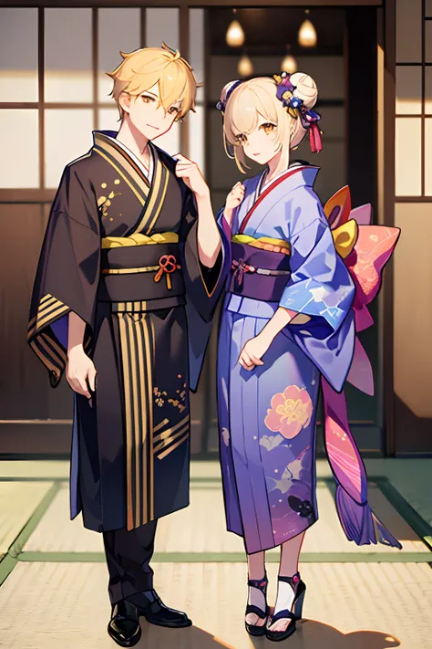 masterpiece, best quality, (expressive eyes), (perfect face), (adult), (boy and girl:1.5), (brother and sister), group shot, full body, wide angle, depth of field, looking at each other, {(sister, purple messed up bun hair, purple/white stripe kimono)}, {(...