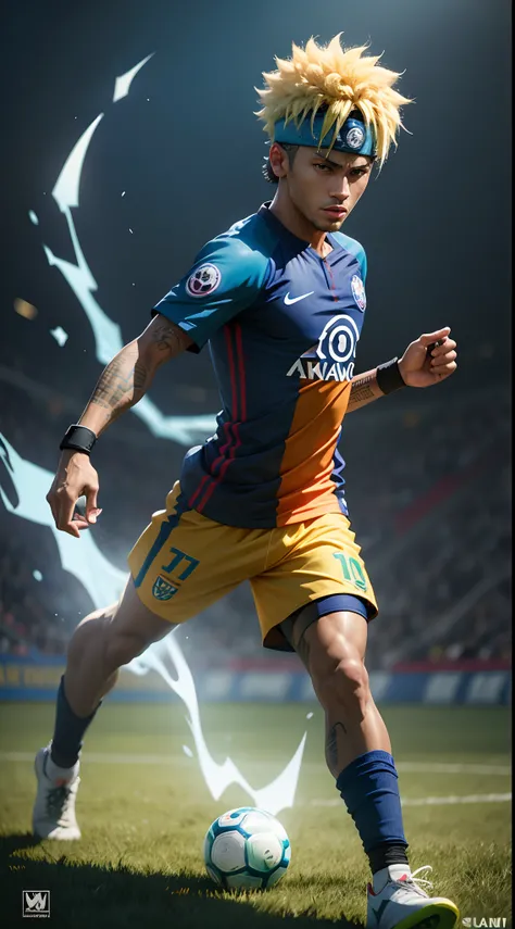 Neymar Jr, como Naruto, em um campo verde, com uma bola de futebol azul Rasengan, 8K