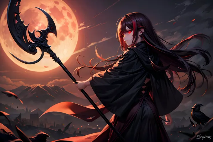 (best quality, high quality, high-res, ultra-detailed, master piece), 1girl, mature female, red eyes, glowing eyes, reaper scythe, red sky, solo, long hair, dark hair, gothic dress, crow,  moonlit lighting, mysterious, ethereal, evil smile, earrings, neckl...