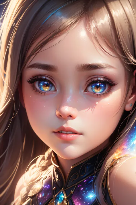 Masterpiece, Superb Girl, Cute Girl, Bust, High Detail Eyes, Perfect Eyes, Portrait, High Detail Face, Same Eyes, Glare, Rainbow Color, Global Illumination, Soft Light, Dream Light, Digital Painting, 8K Close-up, Fantasy, Night Sky, Stars, Nebula, White Cr...