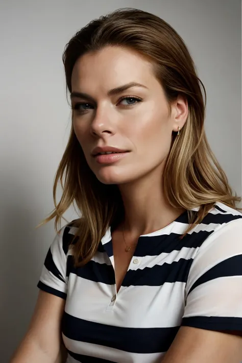 Rebecca romijn wearing a striped shirt, a portrait by Isabel Naftel, trending on pinterest, bauhaus, minimalist, angular, ornate