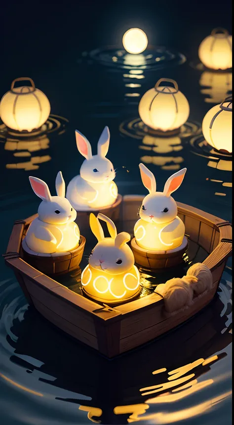 Rabbit boat in the water，Round cute rabbit，lanterns，Water-light reflection，animation lighting，Yellow halo，Moon cake，themoon，Warm atmosphere