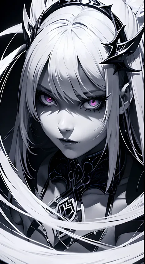 Within the realm of anime, create an intriguing visual of an evil girl exuding an intense aura in monochrome. Focus on her mysterious expression, piercing eyes, and long, flowing locks. Emphasize delicate details like her villainous attire, intricate acces...