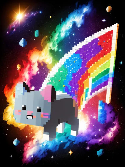 (masterpiece), Nyan Cat, pixel art, best quality, (square shape cat with a Pop-Tart for a torso flying through space and leaving a rainbow trail behind),ultra-detailed, nebulae background, (best shadow)