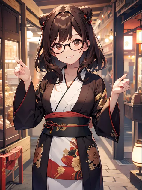 1 female、brown haired(Curta)、Brown eyes、Black-rimmed glasses、Best Quality、ultra-detailliert、8K resolution、Raw photo、masutepiece、gorgeous faces、Perfect body、a smile、kimono