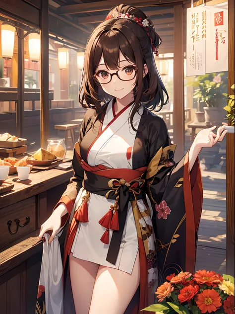 1 female、brown haired(Curta)、Brown eyes、Black-rimmed glasses、Best Quality、ultra-detailliert、8K resolution、Raw photo、masutepiece、gorgeous faces、Perfect body、a smile、kimono