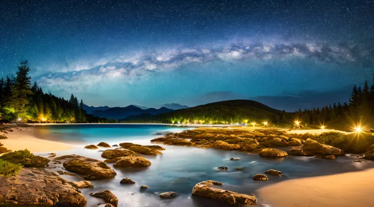 A romantic, starry night sky over a tranquil beach, where gentle waves kiss the shore under the vast expanse of twinkling stars.starry night sky,tranquil beach,gentle waves,kiss the shore,twinkling stars(best quality,4k,8k,highres,masterpiece:1.2),ultra-de...